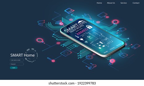 Smart home controlled smartphone. Internet of things technology of home automation system. Small house standing on screen mobile phone and wireless connections with icons home electronics devices. iot