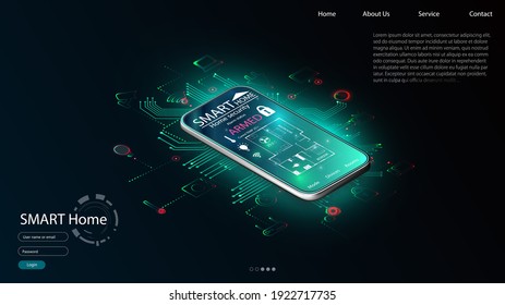 Smart home controlled smartphone. Internet of things technology of home automation system. Small house standing on screen mobile phone and wireless connections with icons home electronics devices. iot