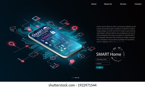 Smart home controlled smartphone. Internet of things technology of home automation system. Small house standing on screen mobile phone and wireless connections with icons home electronics devices. iot