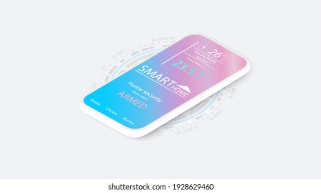 Smart home controlled smartphone. Internet of things technology of home automation system. Small house standing on screen mobile phone and wireless connections with icons home electronics devices. iot