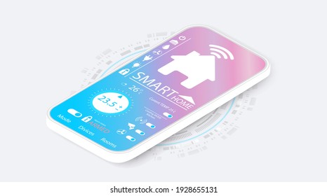 Smart home controlled smartphone. Internet of things technology of home automation system. Small house standing on screen mobile phone and wireless connections with icons home electronics devices. iot