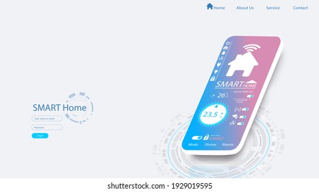 Smarthome gesteuertes Smartphone. Internet der Dinge Technologie der Heimautomatisierung. Kleines Haus auf dem Bildschirm Handy und drahtlose Verbindungen mit Icons Home Electronics Geräte. Ei