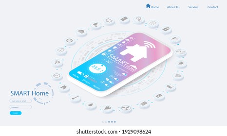 Smart home controlled smartphone. Internet of things technology of home automation system. Small house standing on screen mobile phone and wireless connections with icons home electronics devices. iot