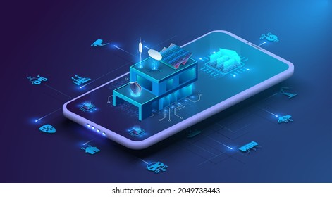 Smart home controlled smartphone. Internet of things technology of home automation system, device management via the home network. System intelligent control house on blue background.  IOT through 5g