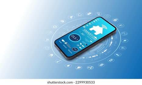 Smart home controlled smartphone. Internet of things technology of home automation system. Small house standing on screen mobile phone and wireless connections with icons home electronics devices. iot