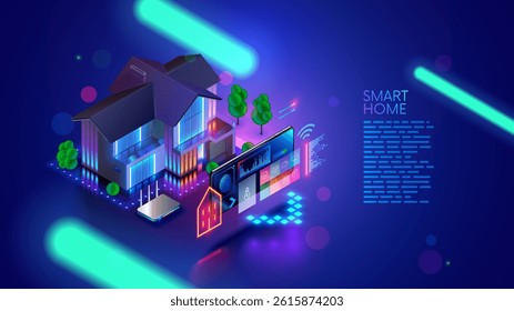 Smart home controlled smartphone. Internet of things technology of home automation system. Small house standing on screen mobile phone and wireless connections with icons home electronics devices. iot