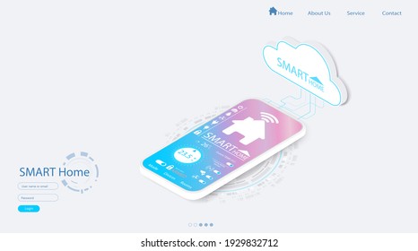 Smart home controlled smartphone. Neumorph theme technology of home automation system. Small house standing on screen mobile phone and wireless connections in meomorphism style. iot