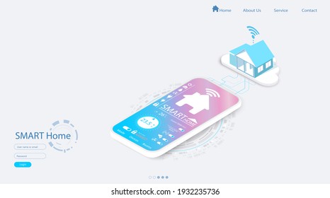 Smart home controlled smartphone. Neumorph theme technology of home automation system. Small house standing on screen mobile phone and wireless connections in neomorphism style. iot