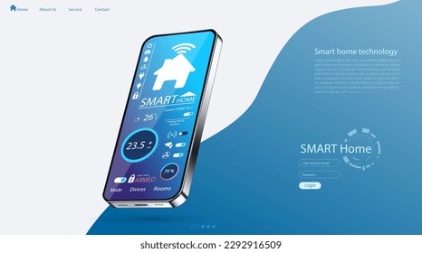 Smart home controlled smartphone. Neumorph theme technology of home automation system. Small house standing on screen mobile phone and wireless connections in meomorphism style. iot