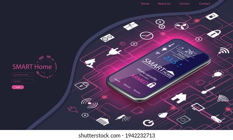 Smart home controlled smartphone. Neumorphic theme technology of home automation system. Small house standing on screen mobile phone and wireless connections in neomorphism style. iot