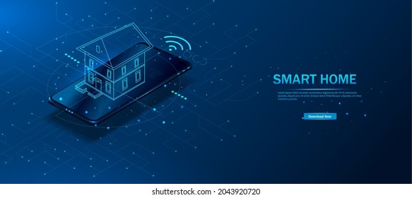 Smarthome ist ein kontrolliertes Smartphone. Die Technologie der Heimautomatisierung. Das Haus steht auf dem Handy-Bildschirm.