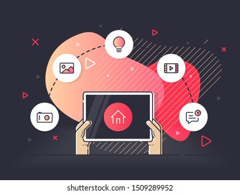 Smart home controlled tablet. Internet of things technology of home entertainment system. Small house standing on screen tablet and wireless connections with icons electronics devices.