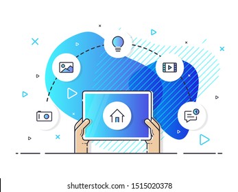 Smart home controlled tablet. Internet of things technology of home entertainment system. Small house standing on screen tablet and wireless connections with icons electronics devices.