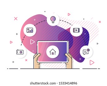 Smart home controlled tablet. Internet of things technology of home entertainment system. Small house standing on screen tablet and wireless connections with icons electronics devices.