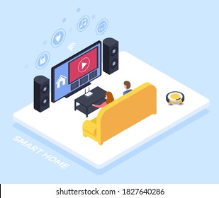 Smart Home Controlled Though TV Set, Internet Technology, House Appliances Automation System Isometric Vector. Electronic Device, Speakers And Media Apps On Screen. Family On Couch And Auto Hoover