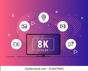 Smart home controlled tv with 8k Ultra HD video technology. Internet of things technology of home entertainment system. LED television display on liquid background.