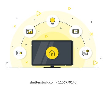 Smart home controlled tv. Internet of things technology of home entertainment system. Small house standing on screen televison and wireless connections with icons electronics devices. 