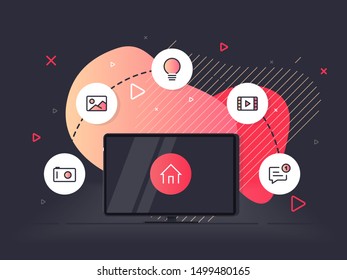 Smart home controlled tv. Internet of things technology of home entertainment system. Small house standing on screen televison and wireless connections with icons electronics devices. 