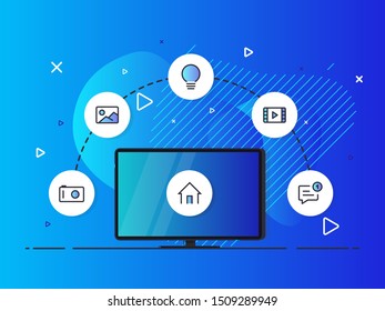 Smart home controlled tv. Internet of things technology of home entertainment system. Small house standing on screen tablet and wireless connections with icons electronics devices.