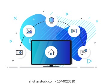 Smart home controlled tv. Internet of things technology of home entertainment system. Small house standing on screen televison and wireless connections with icons electronics devices. 