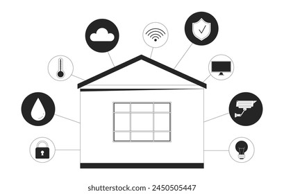 Smart home controls black and white 2D illustration concept. Security, thermostat, cloud technology cartoon outline object isolated on white. Automate connected devices metaphor monochrome vector art