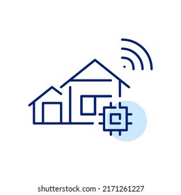 Kluges Zuhause mit CPU-Chip und WLAN-Verbindung. Pixel perfektes, bearbeitbares Strichzeilensymbol