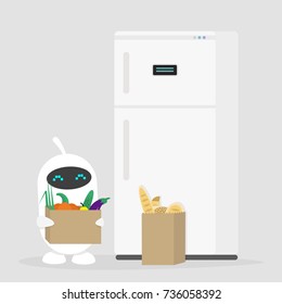 Smart home. Daily routine. Grocery shopping. Cute small robot holding the paper bags full of fruits, vegetables and bakery products. Flat editable vector illustration, clip art
