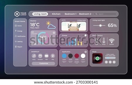 Smart home dashboard UI kit in a modern Glassmorphism style. Features widgets for IoT device control. Ideal for app interfaces, data visualization, or tech web design.
