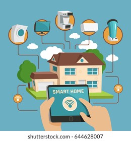 Smart home design concept with private house building and household electronic appliances managed by internet flat vector illustration  
