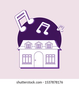 smart home design with house and musical notes over pink background, colorful line design. vector illustration