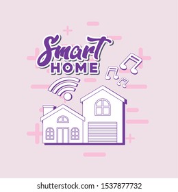 smart home design with house and over pink background, colorful line design. vector illustration