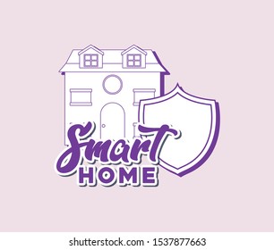 smart home design with house and shield over pink background, colorful line design. vector illustration