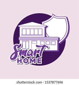smart home design with house and shield over pink background, colorful line design. vector illustration