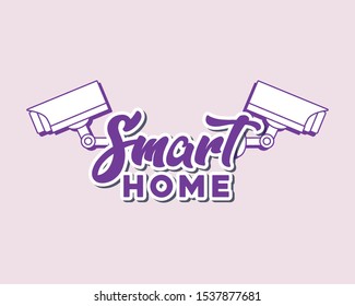 smart home design with security cameras over purple background, colorful line design. vector illustration