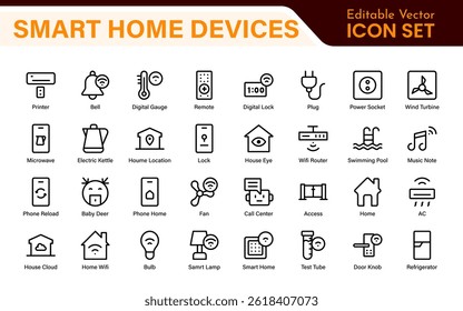 Smart Home Device Icon Pack. Modern Line Art, Outline Vector Set, Minimal, Digital, Professional, Easy to Use