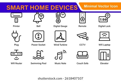 Smart Home Device Icon Pack. Modern Line Art, Outline Vector Set, Minimal, Digital, Professional, Easy to Use