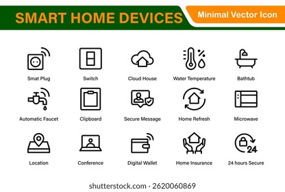 Smart Home Device Icon Pack. Modern Line Art, Outline Vector Set, Minimal, Digital, Professional, Easy to Use