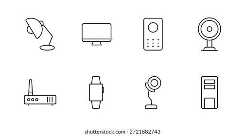 Smart home device set icon. Lamp, screen, intercom, webcam, router, smartwatch, baby monitor, computer, indoor technology, surveillance, interface.