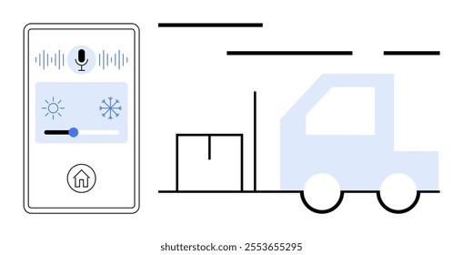 A smart home device with voice control for managing temperature and lighting. Alongside it, a delivery truck and a parcel underscore themes of home automation, logistics, and tech innovation. Ideal