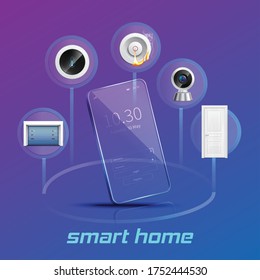 Smart home devices control and monitoring system using smartphone realistic composition violet blue gradient background vector illustration 