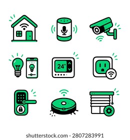 Smart home devices icons including house, microphone, security camera, light bulb, smartphone, thermostat, outlet, door lock, robot vacuum, and garage door on white background.