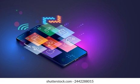 Smart home devices icons over screen phone. Smart home system isometric concept. Wireless control domestic through internet of things app on smart phone. Wireless remote control IOT technology.