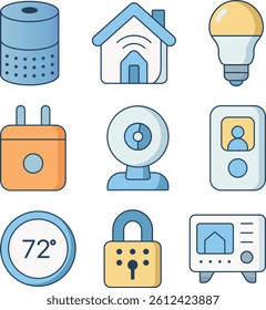 Smart Home Devices icons. Thermostat, Light Bulb, Door Lock, Security Camera, Speaker, Smart TV and Smart Plug symbols