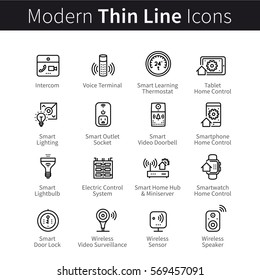 Smart home devices, Internet of Things set. Remote & smartphone controlled sensors, outlets, lightbulbs, other appliances for house or office. Thin line art icons. Linear style illustrations.