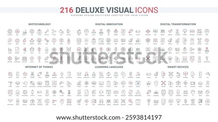 Smart home devices and IOT control, digital transformation and innovation of AI automation, digitalization line icon set. Language learning thin black and red outline symbols vector illustration
