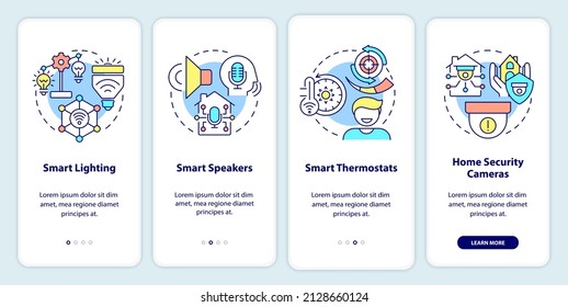Smart home devices onboarding mobile app screen. Lighting and speakers walkthrough 4 steps graphic instructions pages with linear concepts. UI, UX, GUI template. Myriad Pro-Bold, Regular fonts used