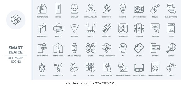 Smart home devices thin line icons set vector illustration. Outline virtual reality technology, autonomous lighting and automated software to control temperature of house, air conditioner and drone