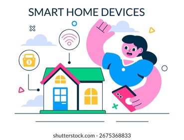 Ilustración vectorial de dispositivos inteligentes para el hogar con domótica controlada a través de un teléfono inteligente con un sistema integrado de electrónica en segundo plano