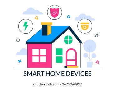 Ilustración vectorial de dispositivos inteligentes para el hogar con domótica controlada a través de un teléfono inteligente con un sistema integrado de electrónica en segundo plano