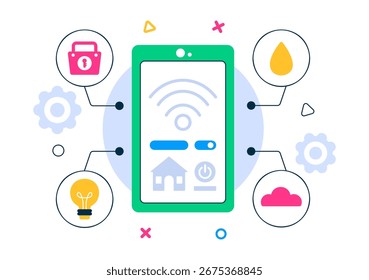 Ilustración vectorial de dispositivos inteligentes para el hogar con domótica controlada a través de un teléfono inteligente con un sistema integrado de electrónica en segundo plano